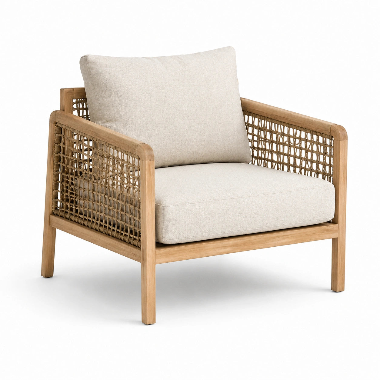 Poltrona in legno di teak e corda con cuscini in poliestere beige