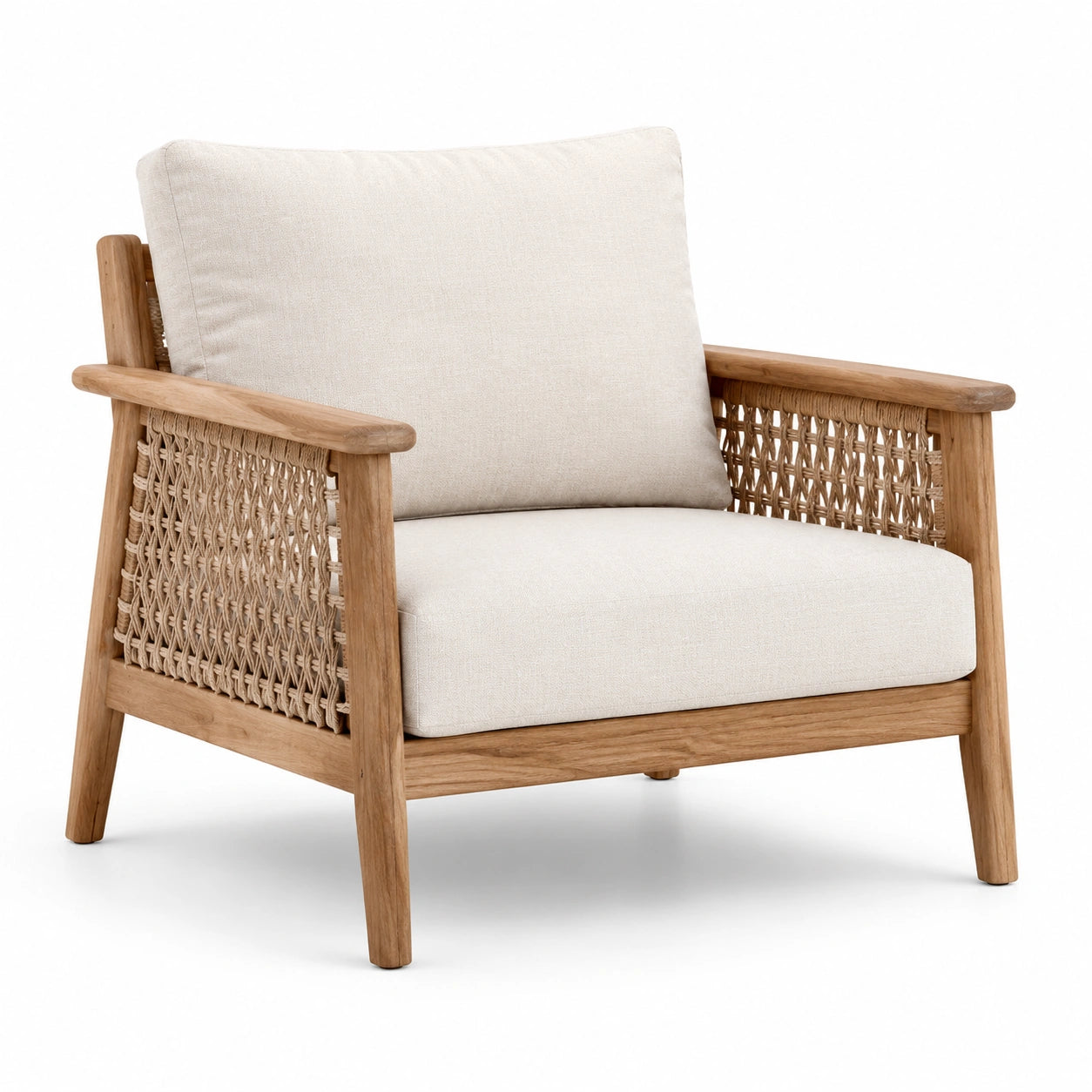 Poltrona in legno di teak con corda intrecciata e cuscini in poliestere beige