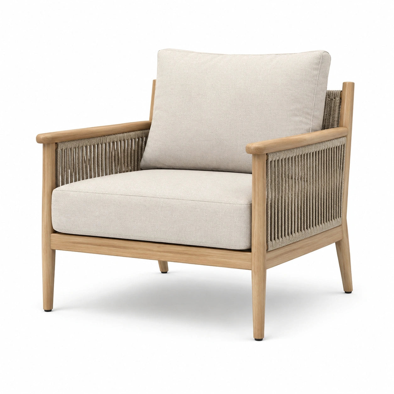 Poltrona in legno teak e corda con cuscini beige