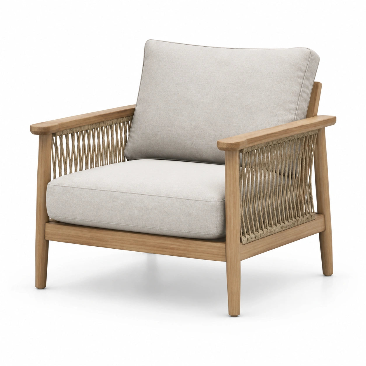 Poltrona in legno di teak e tessuto beige con corda intrecciata