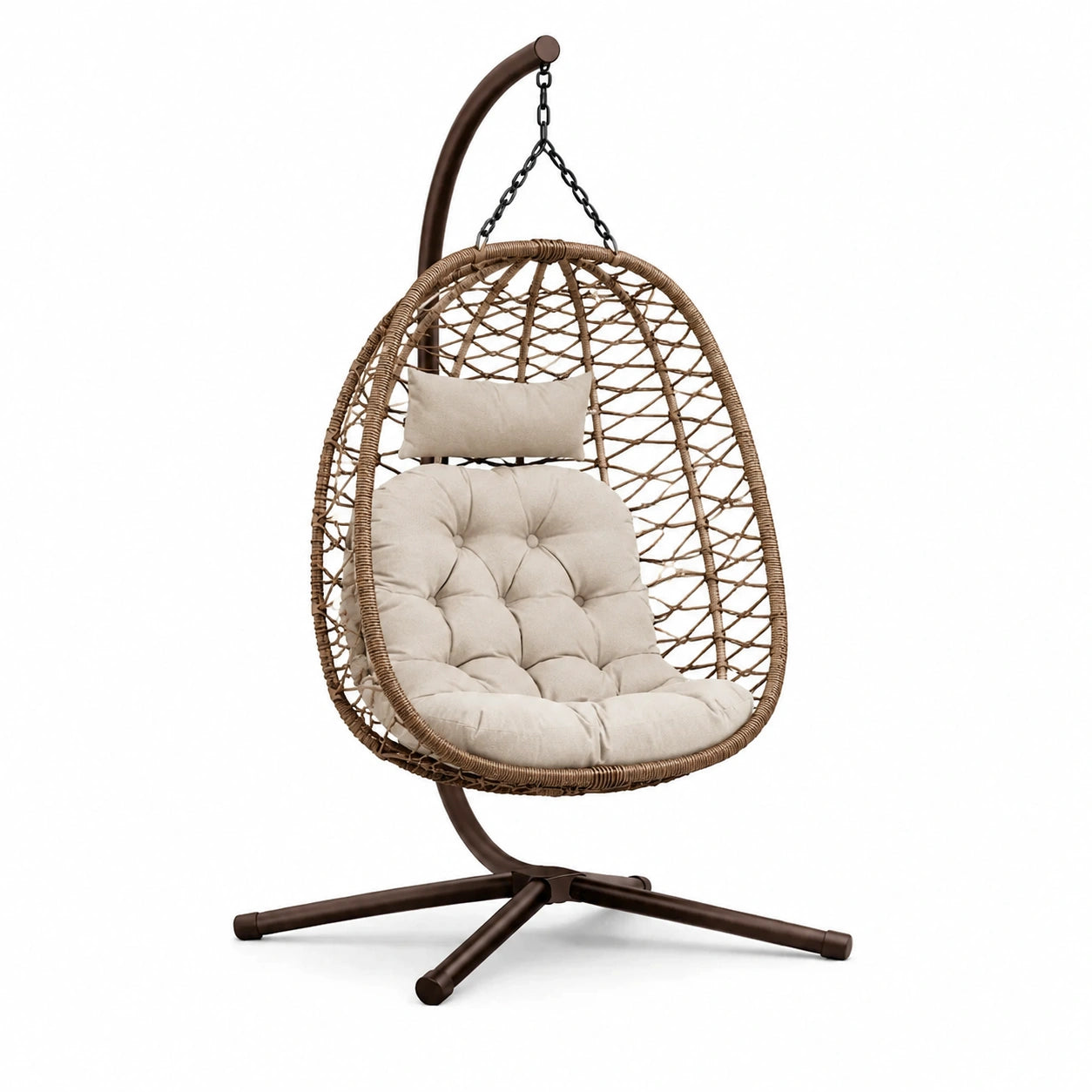 Sedia sospesa in rattan con cuscino in poliestere crema e struttura in metallo
