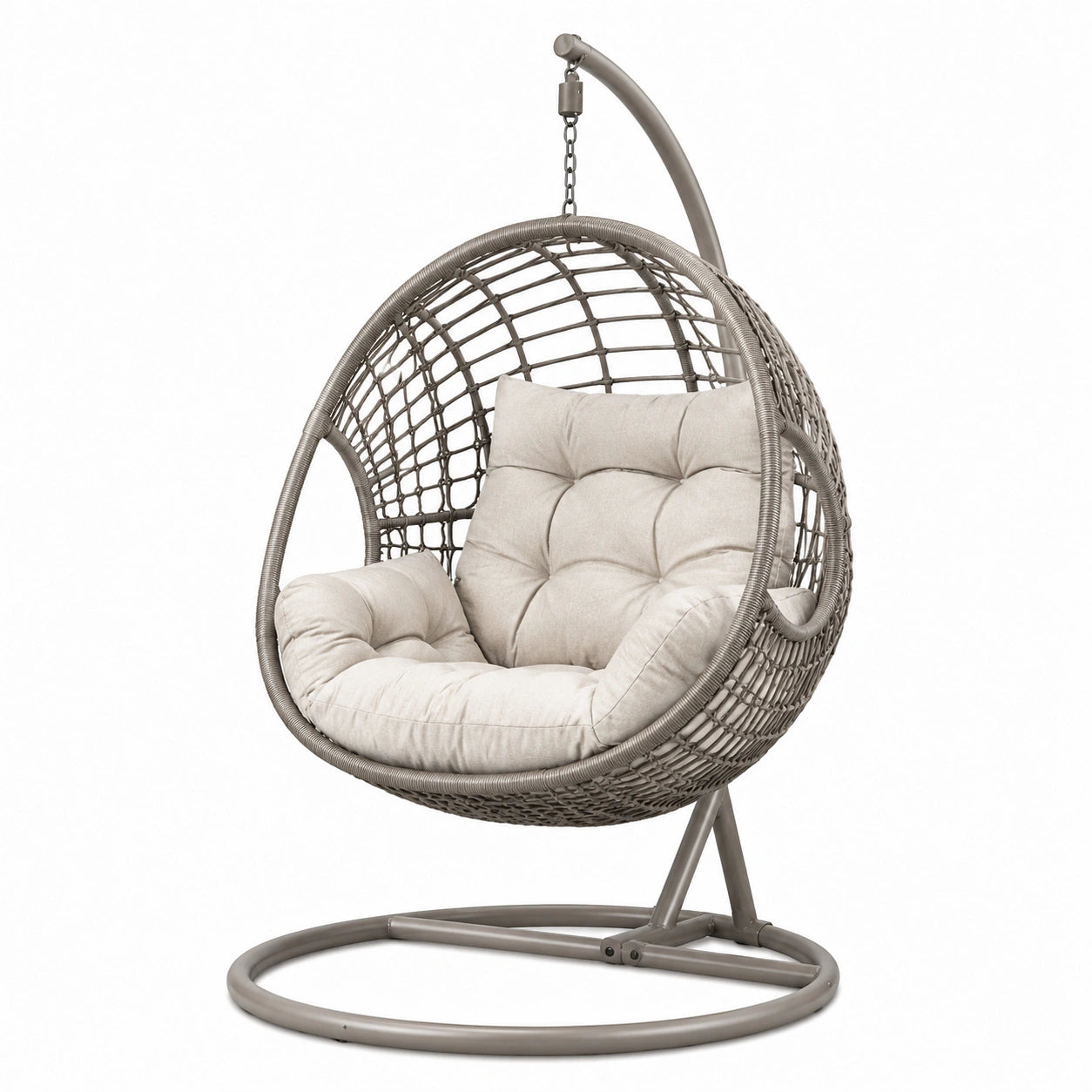 Sedia sospesa in metallo e rattan con cuscino