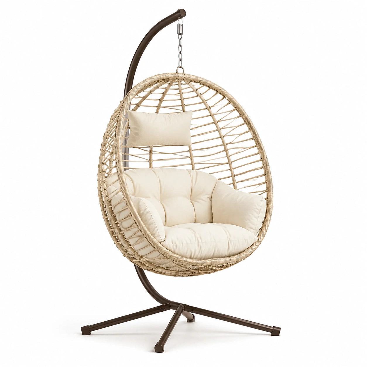 Sedia sospesa in rattan con cuscini in poliestere crema
