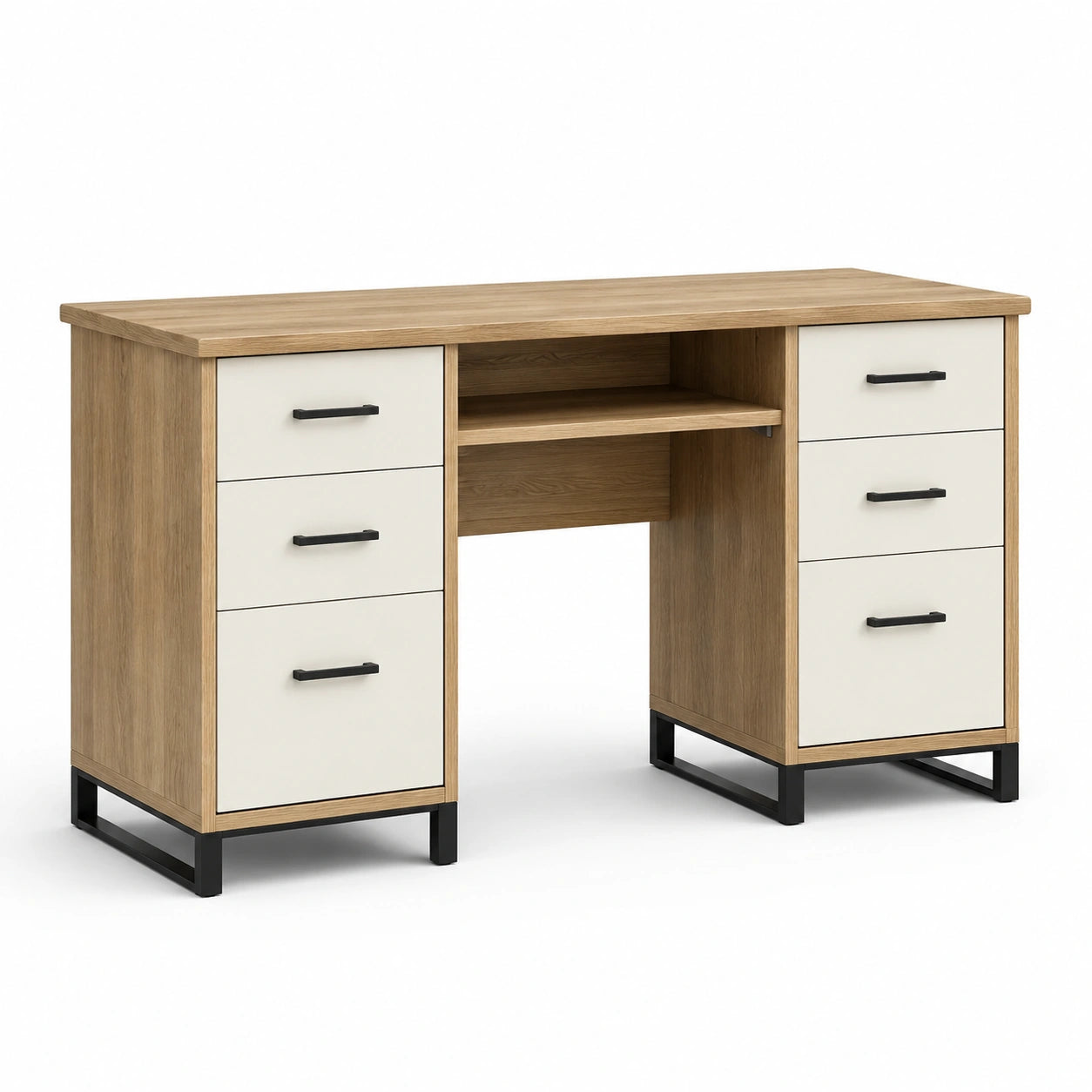 Scrivania con Cassetti in Legno MDF e Acciaio Laminato Rovere e Bianco