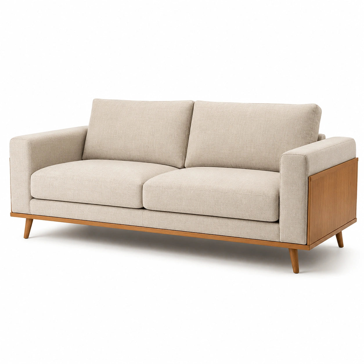 Divano a 3 posti in tessuto beige con struttura in legno