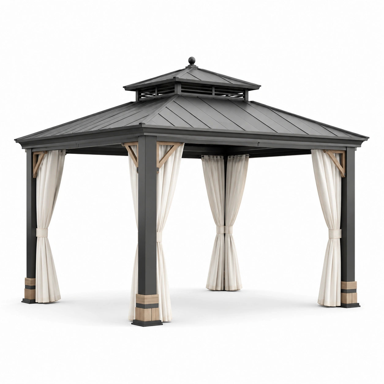 Gazebo in Metallo 3x3 m con Tetto e Tendaggi Beige
