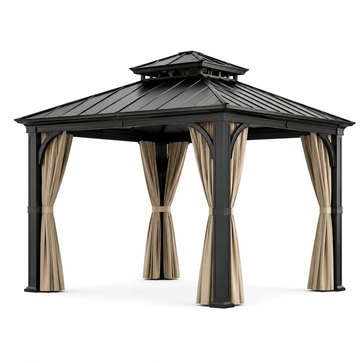 Gazebo in Alluminio Nero con Tetto in Acciaio Zincato e Tende Beige