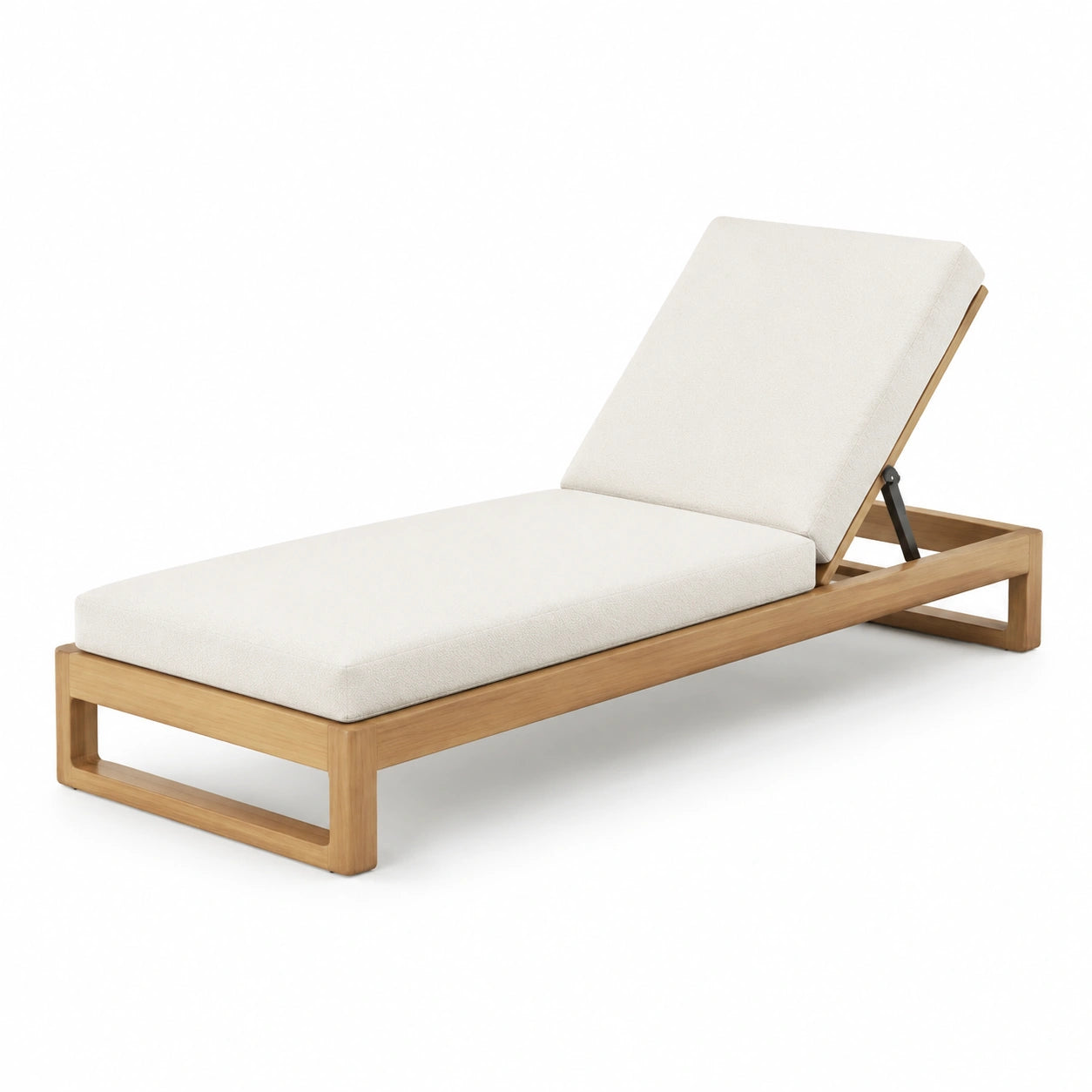 Lettino prendisole in legno di teak con cuscino in poliestere bianco