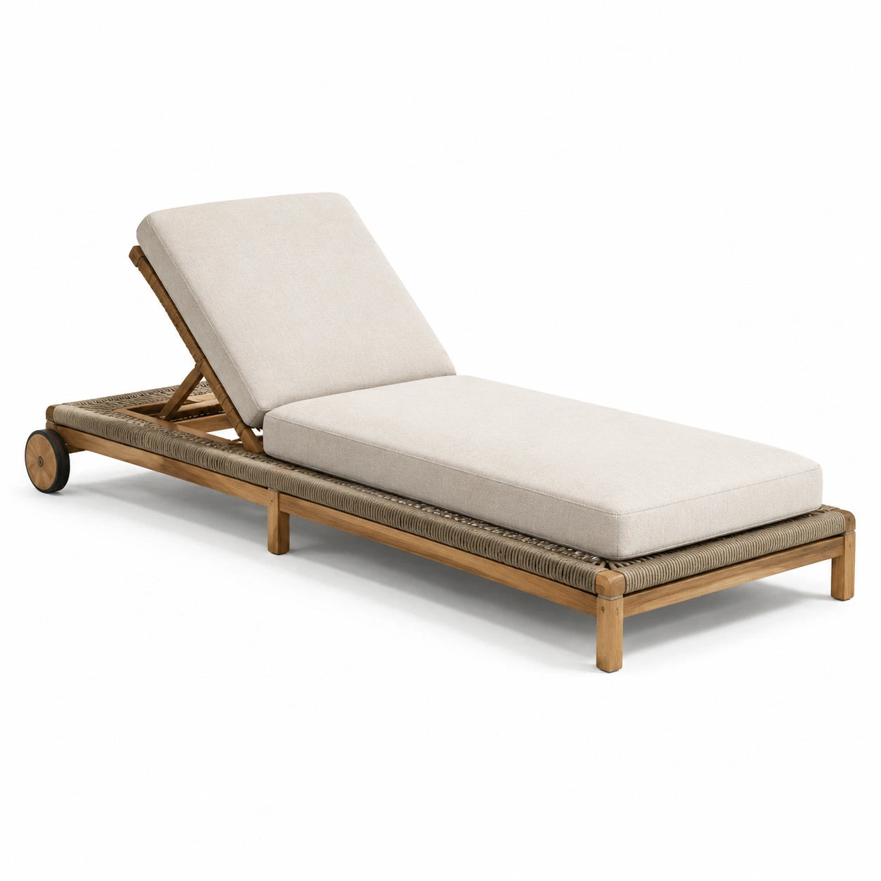 Sdraio prendisole regolabile in teak e rattan sintetico con cuscino beige