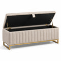 Panca contenitore in tessuto beige con struttura in metallo