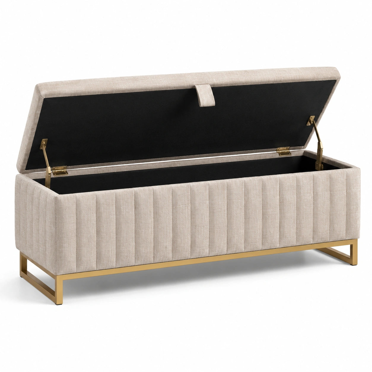 Panca contenitore in tessuto beige con struttura in metallo