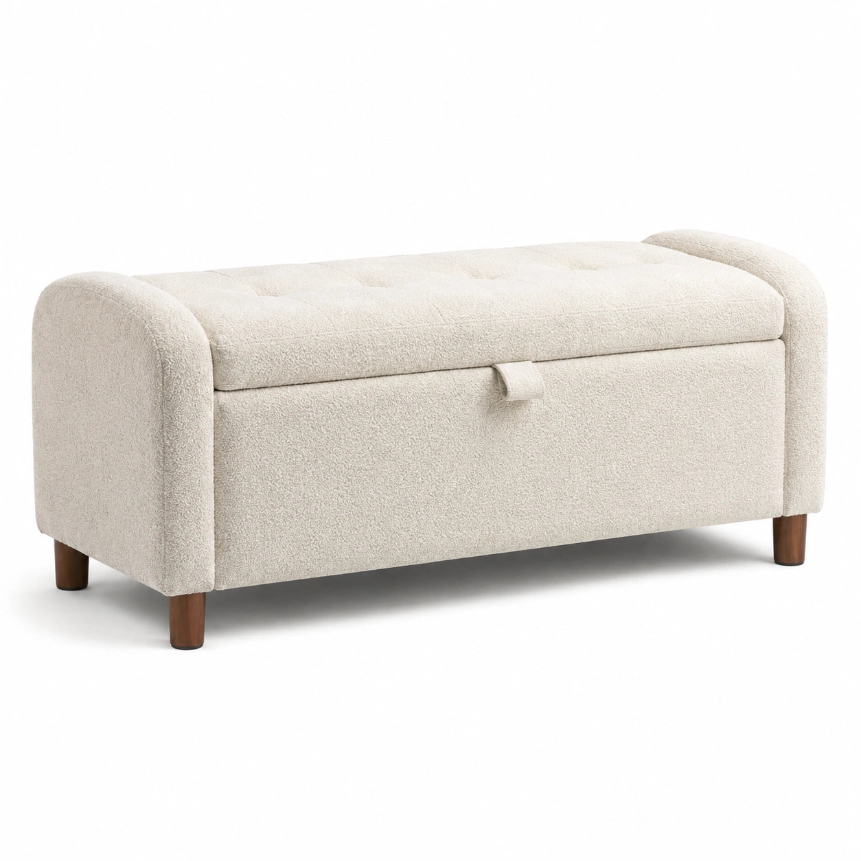 Cassapanca in tessuto bouclé con gambe in legno beige